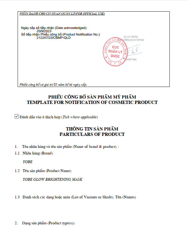 Mặt Nạ Dưỡng Trắng Da YOBE Glow Brightening Mask (1 miếng)